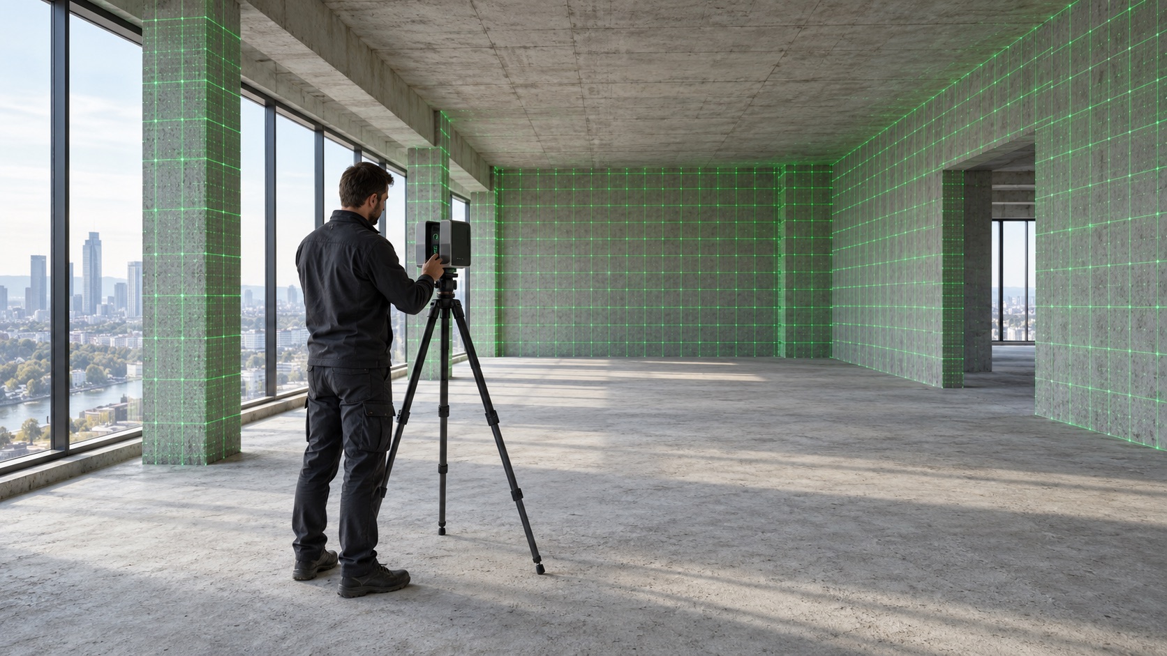 Technicien réalisant un relevé 3D d'une pièce de bâtiment avec un scanner laser sur trépied