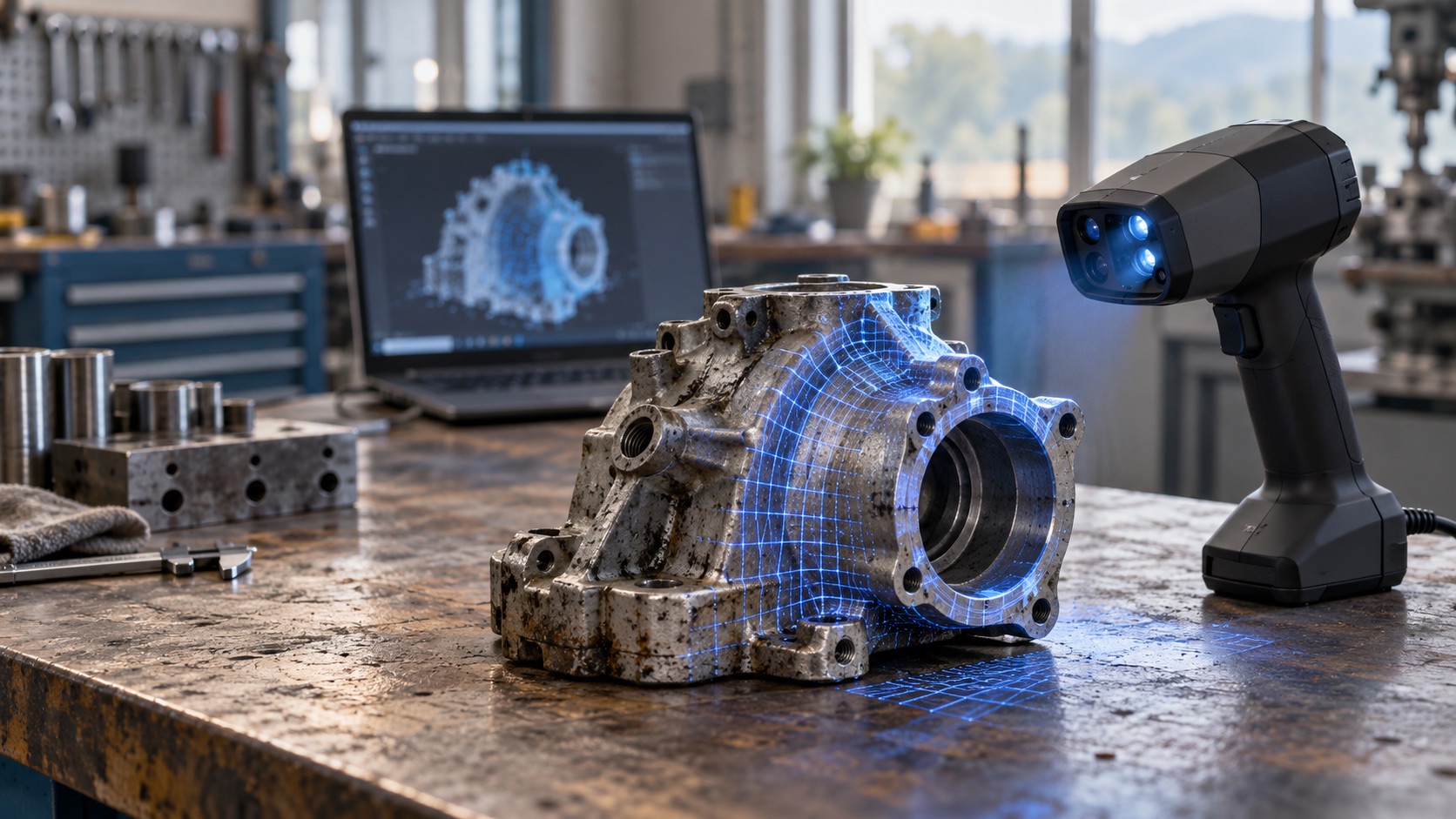 Scanner 3D en cours de numérisation d'une pièce mécanique, nuage de points visible sur l'écran en arrière-plan