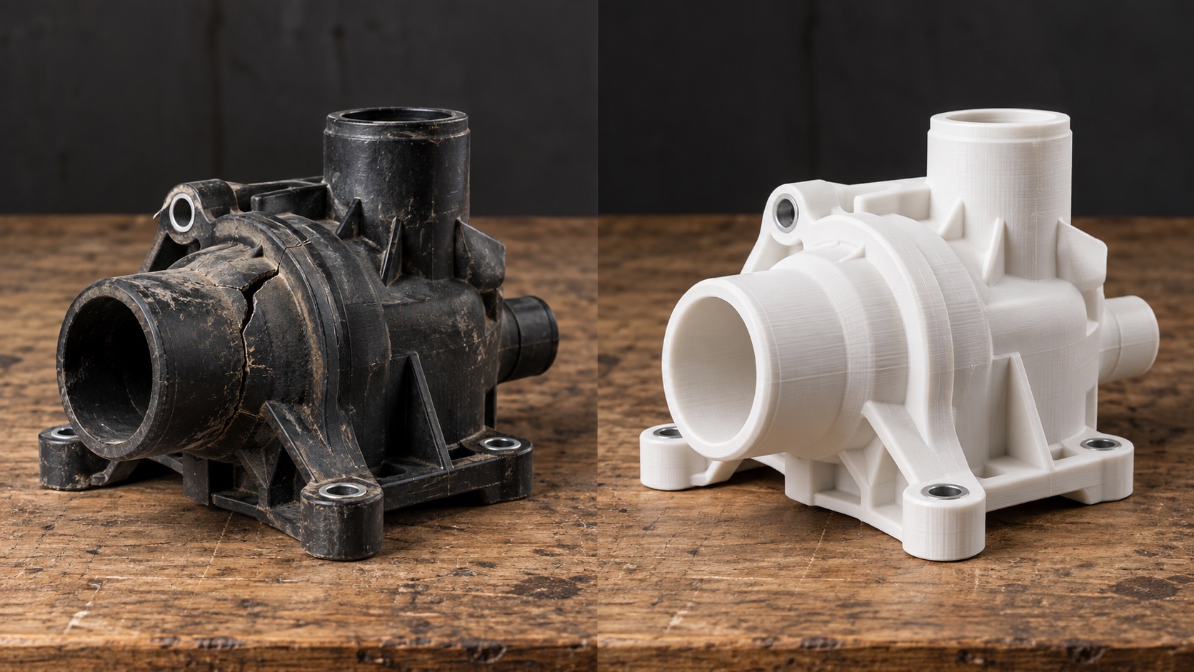 Pièce mécanique cassée à gauche, la même pièce reproduite en impression 3D blanche à droite