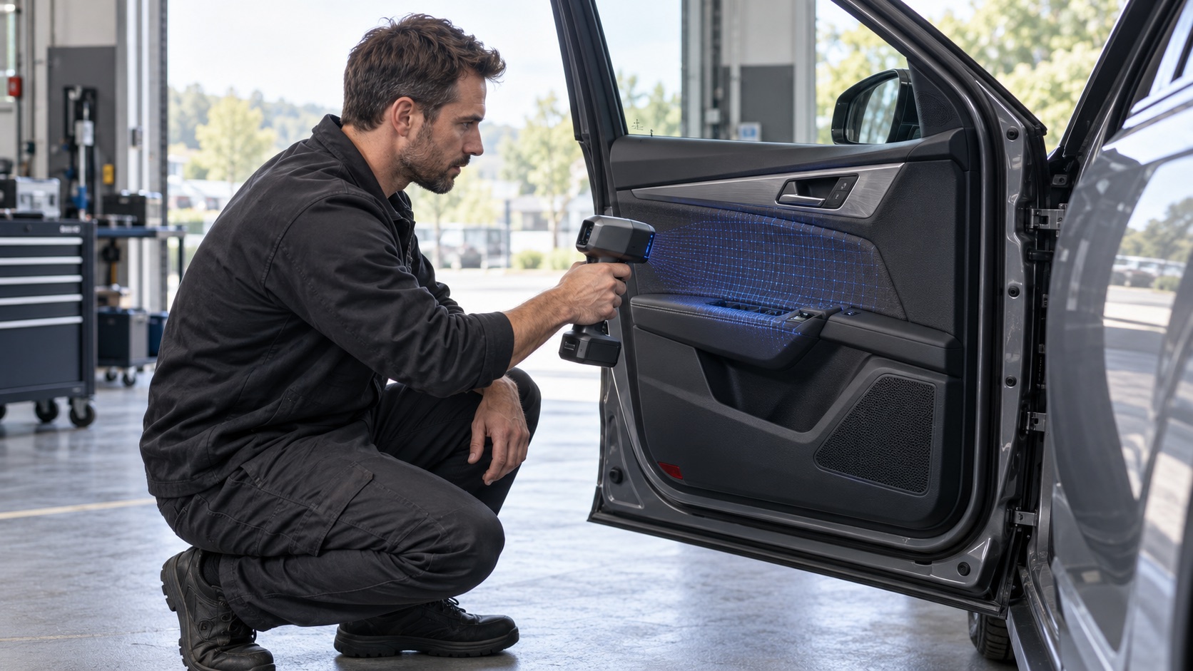 Technicien scannant la portière intérieure d'une voiture avec un scanner 3D portable sans fil