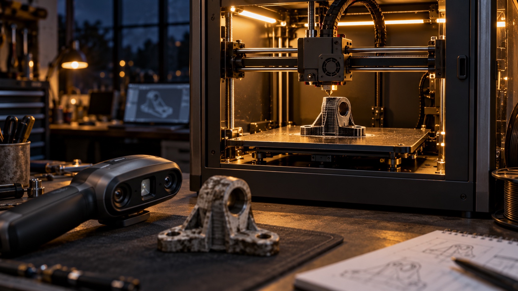 Imprimante 3D en train de fabriquer une pièce, scanner 3D posé à proximité dans un atelier